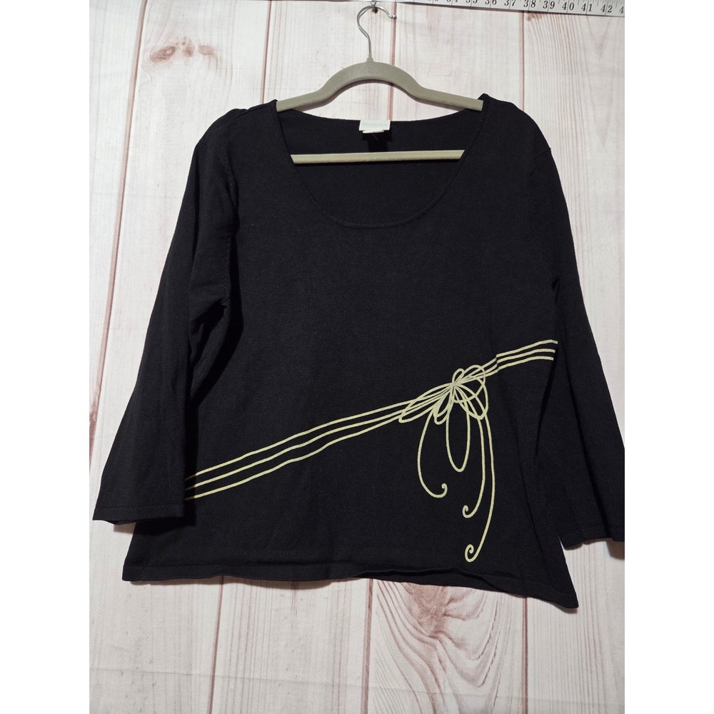 STUDIO C Black Bow Detail 3/4 Sleeve Scoop‎ Neck Knit Top Women's Medium Elegant